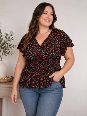 Sweet Rain Cherry Print Smocked Peplum Blouse Top 2X Cottagecore